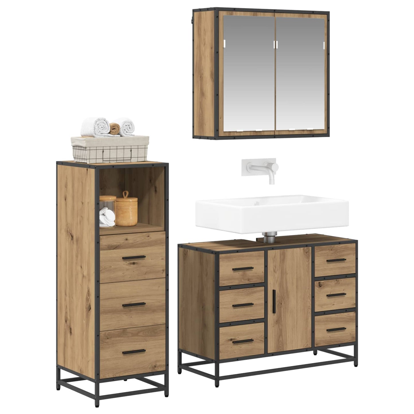 Badezimmermöbel-Set 3 Stk. Artisan-Eiche 80 x 33 x 60 cm