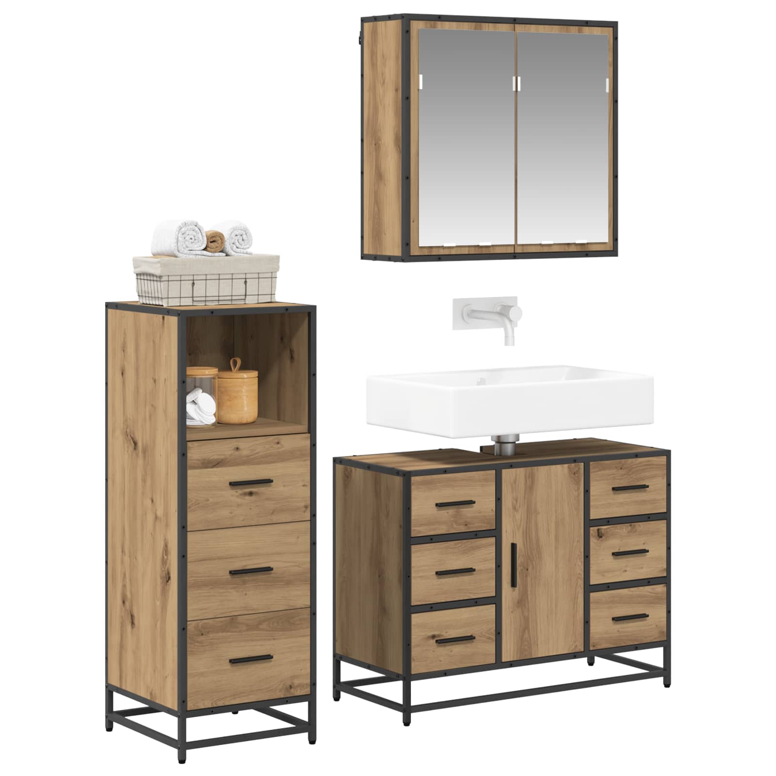 Badezimmermöbel-Set 3 Stk. Artisan-Eiche 80 x 33 x 60 cm