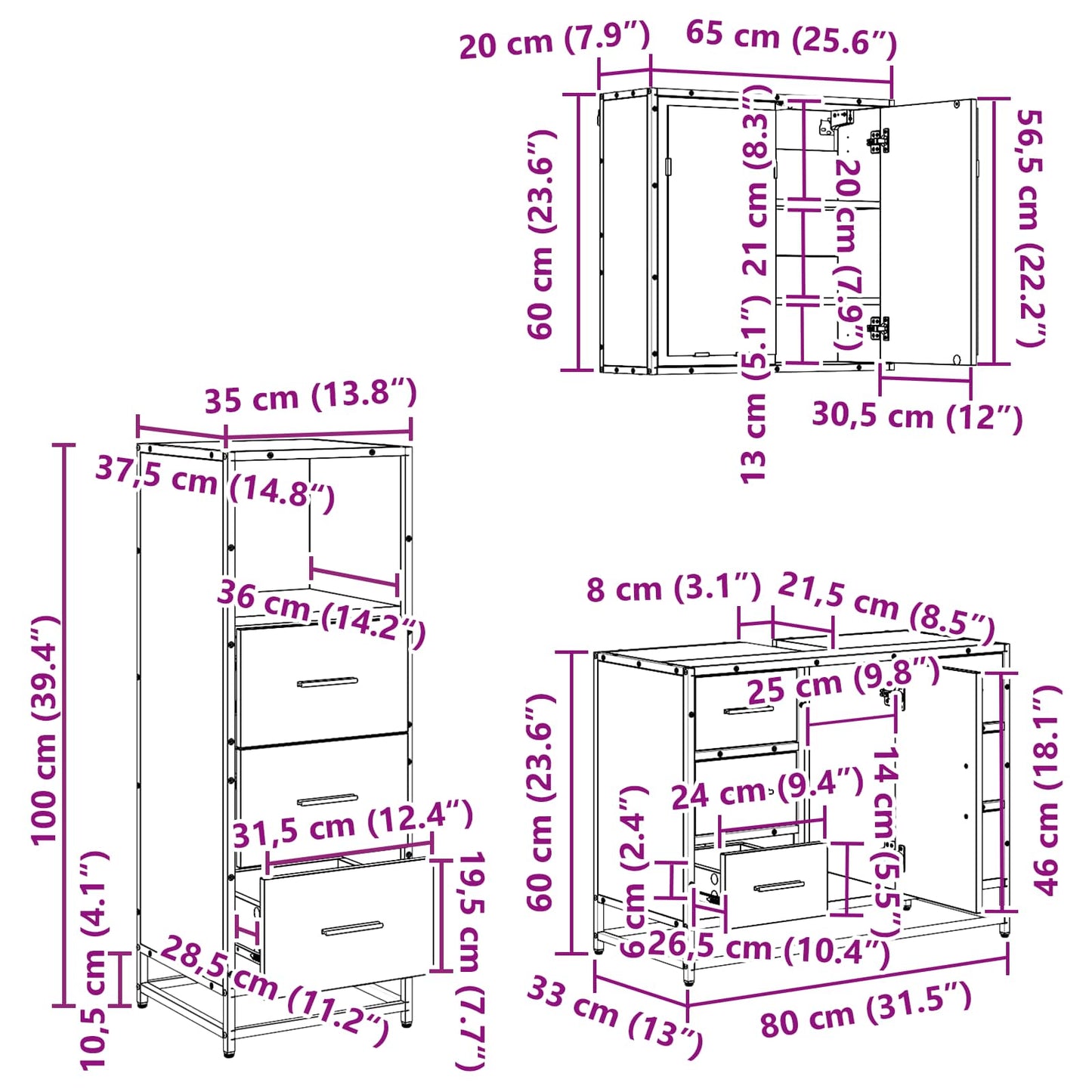 Badezimmermöbel-Set 3 stk. Schwarz Eichen-Optik 80 x 33 x 60 cm