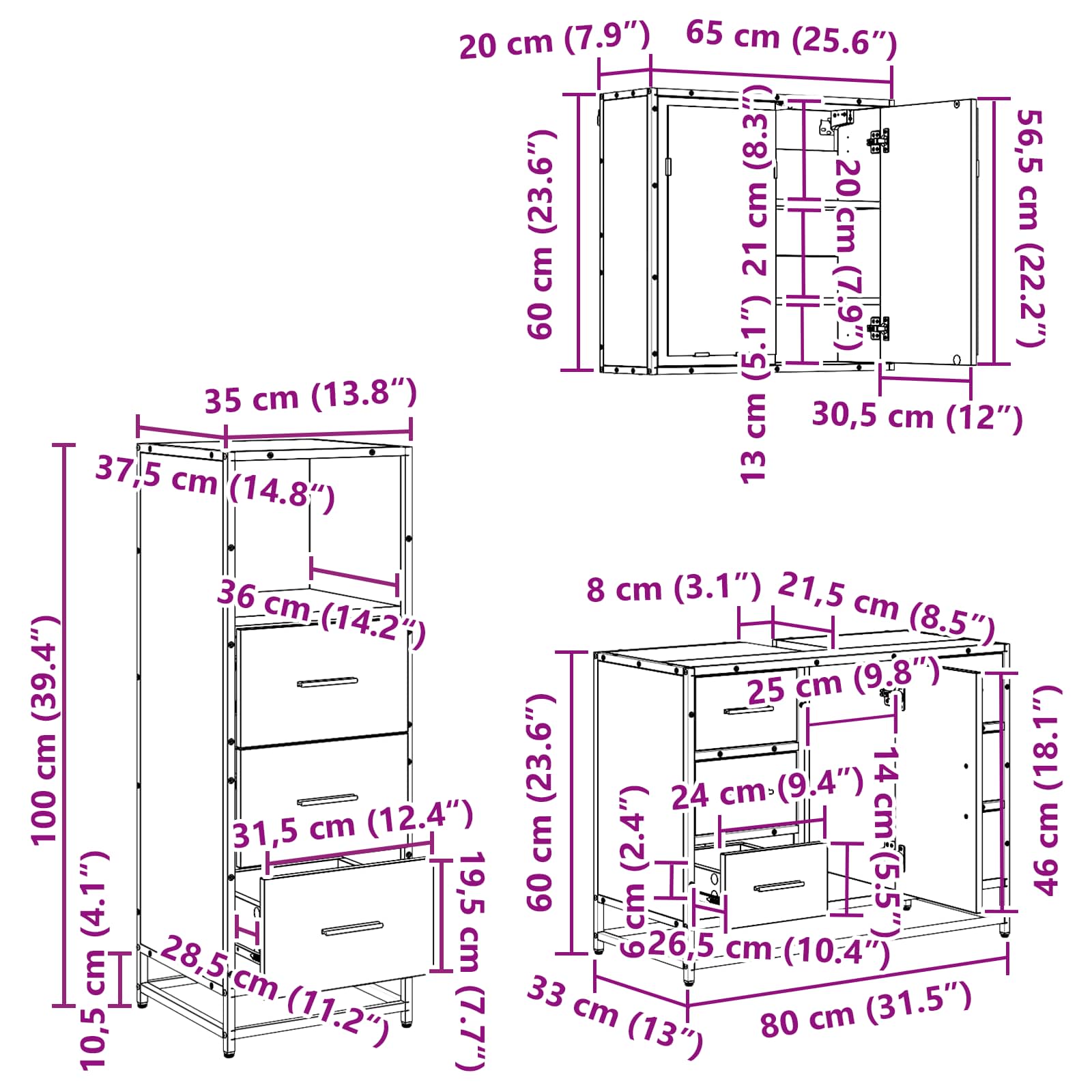 Badezimmermöbel-Set 3 stk. Schwarz Eichen-Optik 80 x 33 x 60 cm