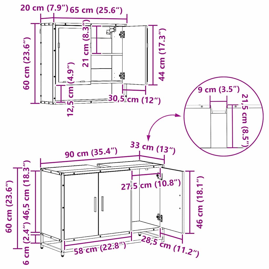 Badezimmermöbel-Set 3 stk. Altholz 90 x 33 x 60 cm