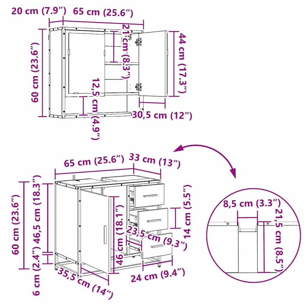 Badezimmermöbel-Set 3 stk. Schwarz Eichen-Optik 90 x 33 x 60 cm