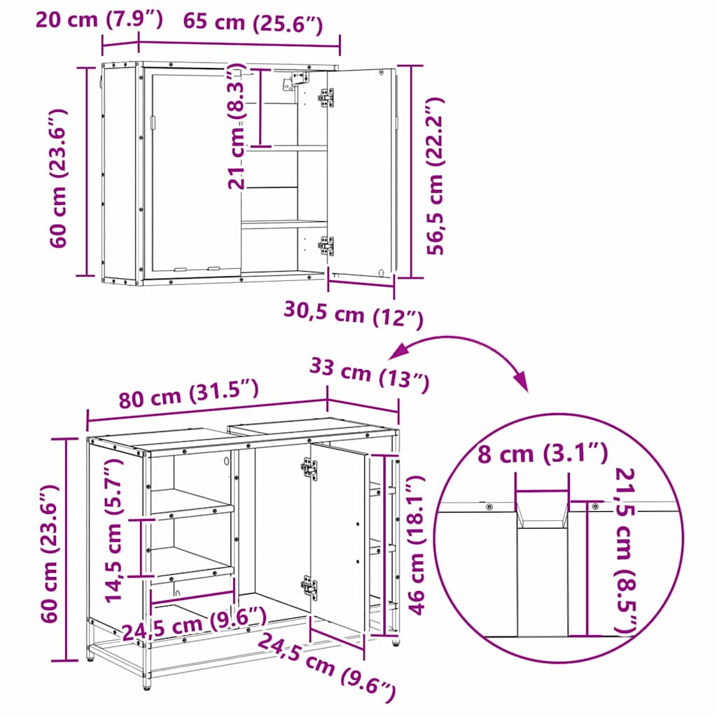 Badezimmermöbel-Set 3 stk. Schwarz Eichen-Optik 80 x 33 x 60 cm
