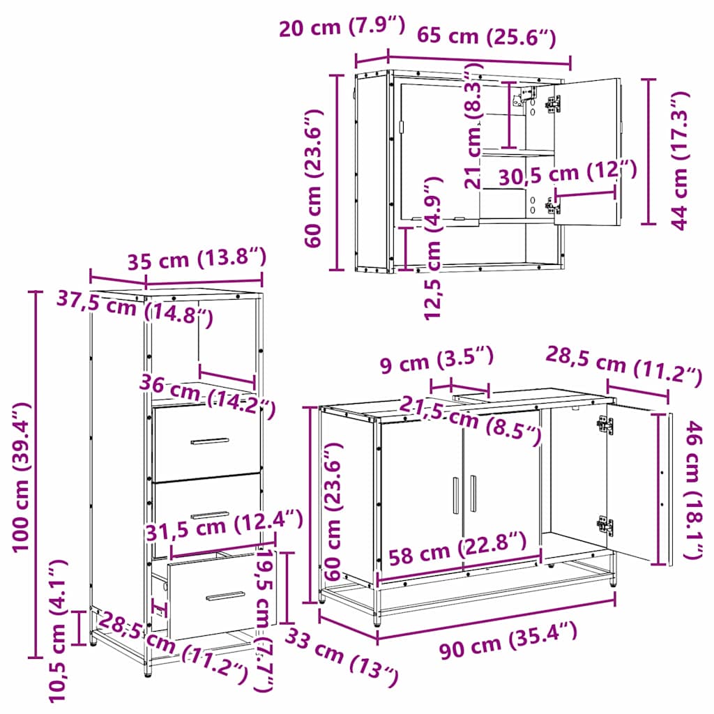 Badezimmermöbel-Set 2 stk. Altholz 65 x 33 x 60 cm