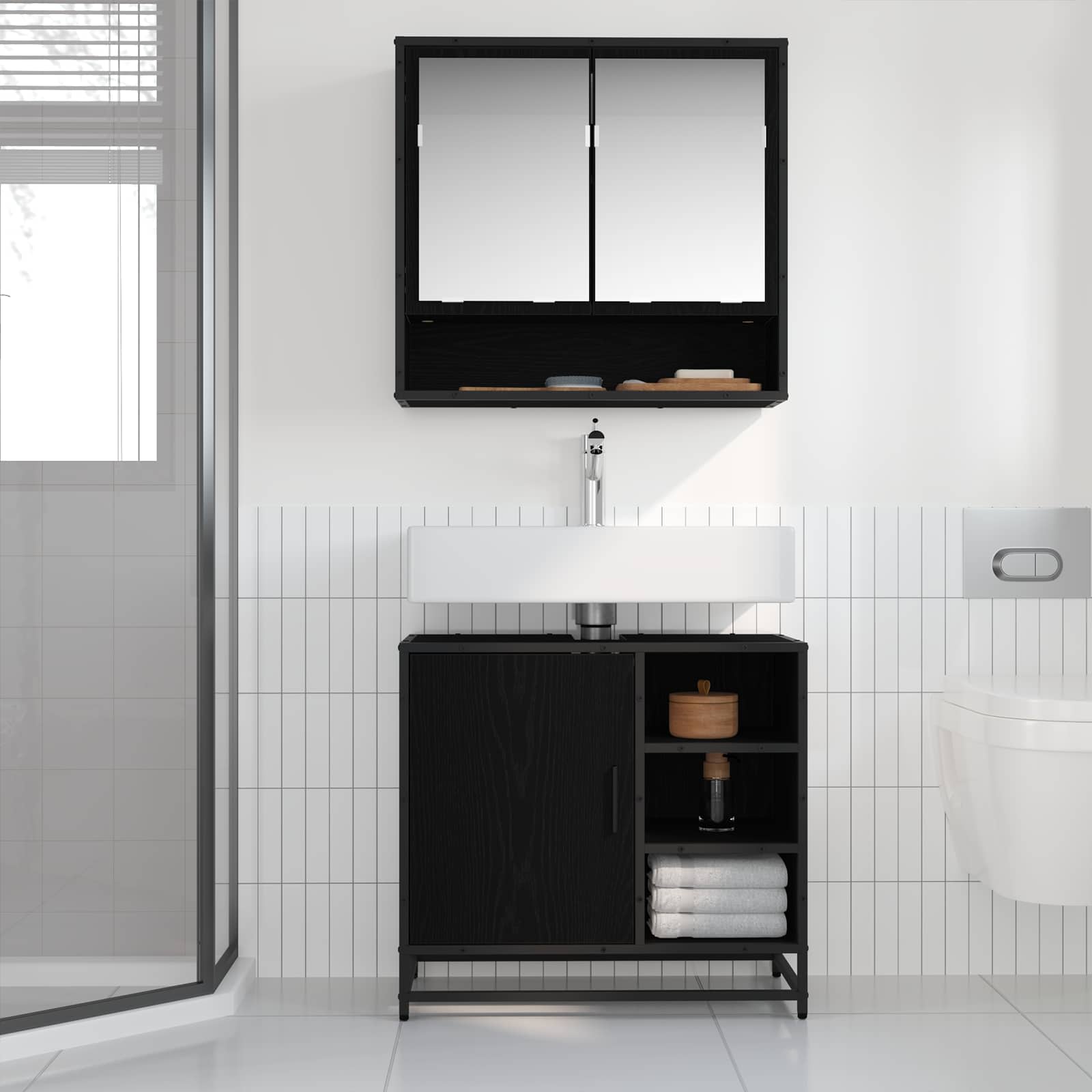Badezimmermöbel-Set 2 stk. Schwarz Eichen-Optik 65 x 33 x 60 cm