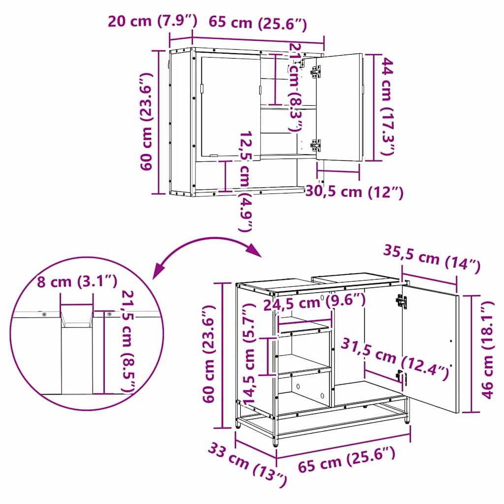 Badezimmermöbel-Set 2 stk. Schwarz Eichen-Optik 65 x 33 x 60 cm