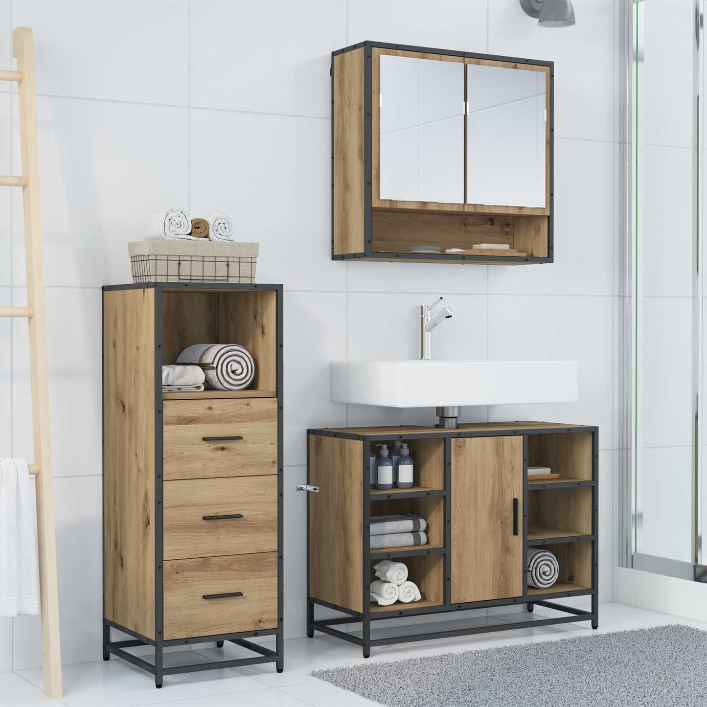Badezimmermöbel-Set 3 stk. Artisan-Eiche 80 x 33 x 60 cm