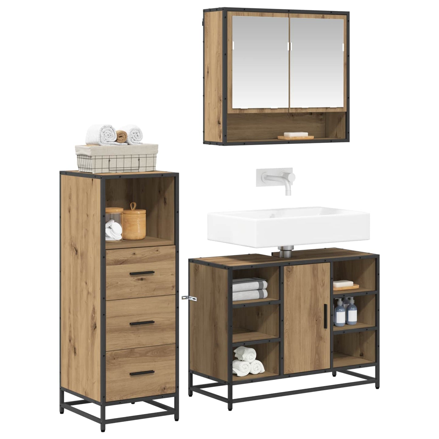 Badezimmermöbel-Set 3 stk. Artisan-Eiche 80 x 33 x 60 cm