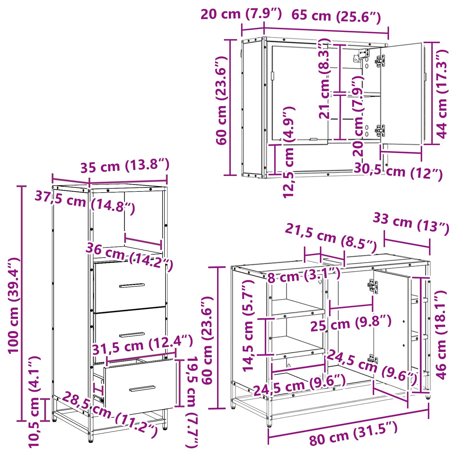 Badezimmermöbel-Set 3 stk. Artisan-Eiche 80 x 33 x 60 cm