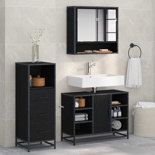 Badezimmermöbel-Set 3 stk. Schwarz Eichen-Optik 80 x 33 x 60 cm