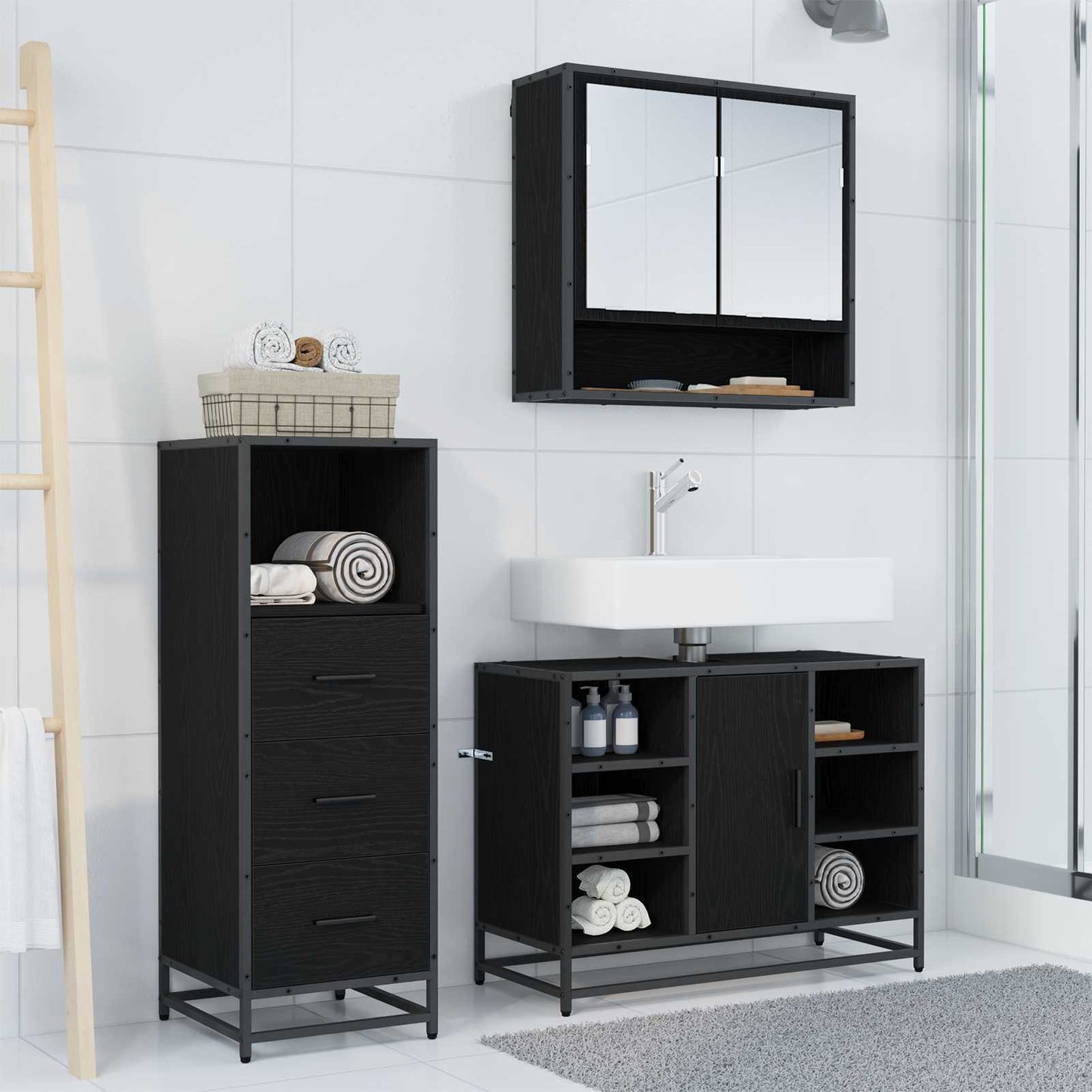 Badezimmermöbel-Set 3 stk. Schwarz Eichen-Optik 80 x 33 x 60 cm