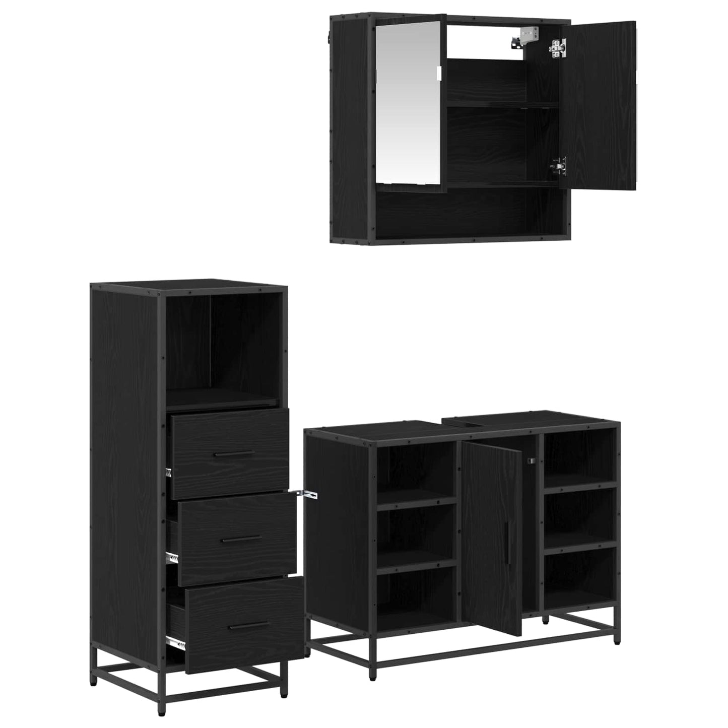 Badezimmermöbel-Set 3 stk. Schwarz Eichen-Optik 80 x 33 x 60 cm