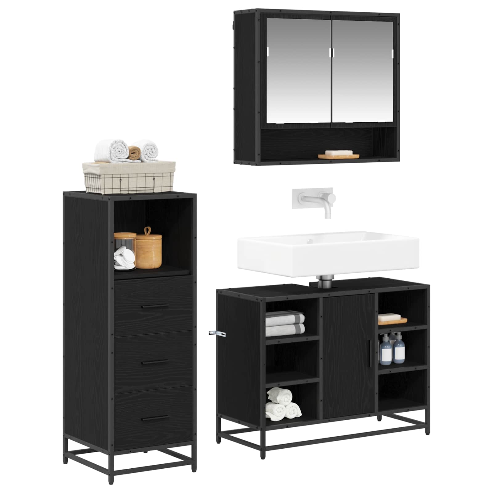 Badezimmermöbel-Set 3 stk. Schwarz Eichen-Optik 80 x 33 x 60 cm
