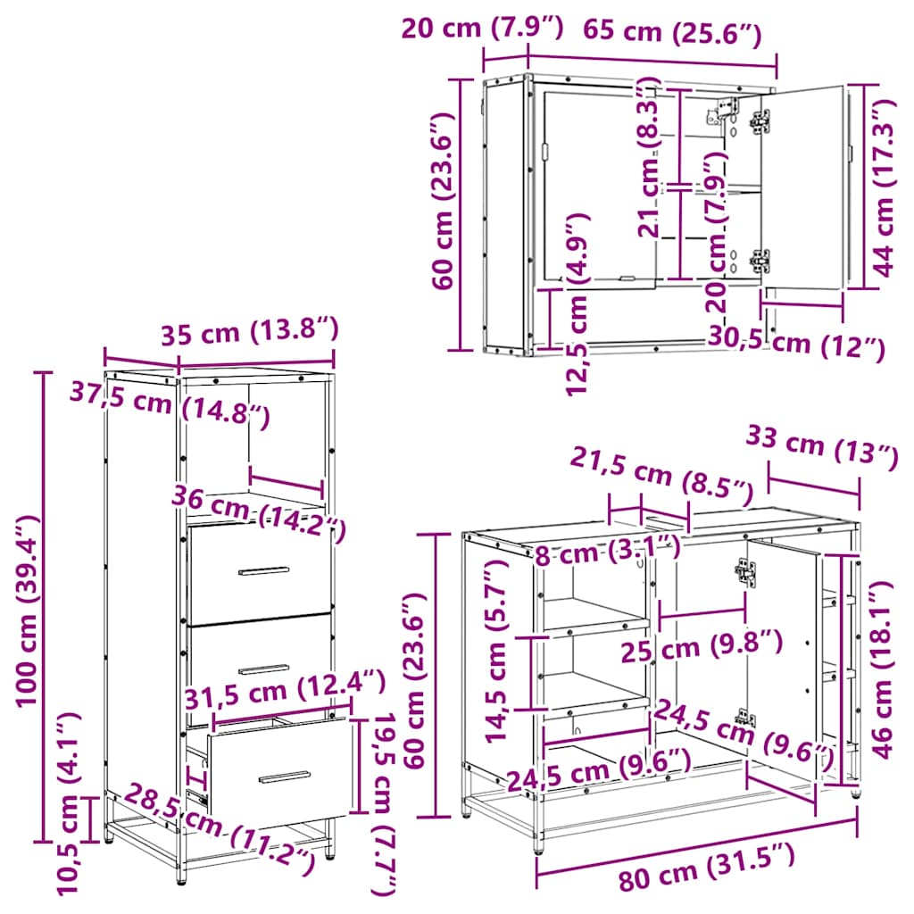 Badezimmermöbel-Set 3 stk. Schwarz Eichen-Optik 80 x 33 x 60 cm
