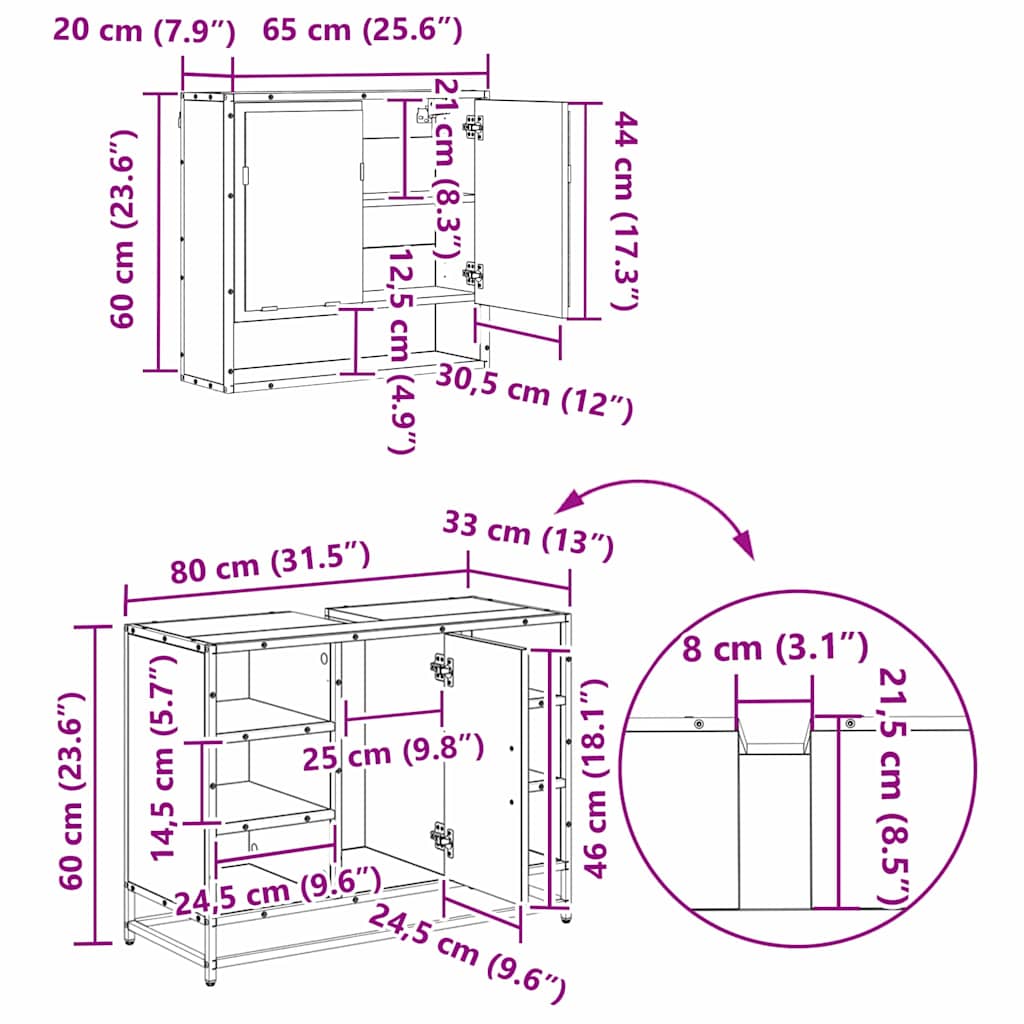 Badezimmermöbel-Set 3 stk. Artisan-Eiche 35 x 37,5 x 166 cm
