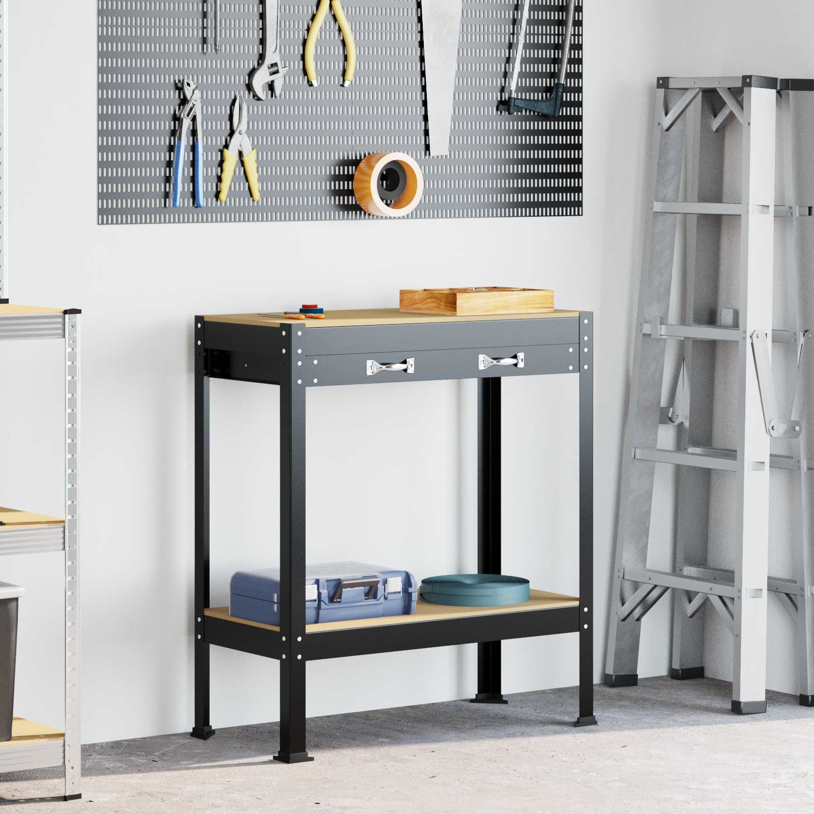 Werkbank mit Regal Schwarz 80 x 40 x 91 cm Sperrholz und Metall