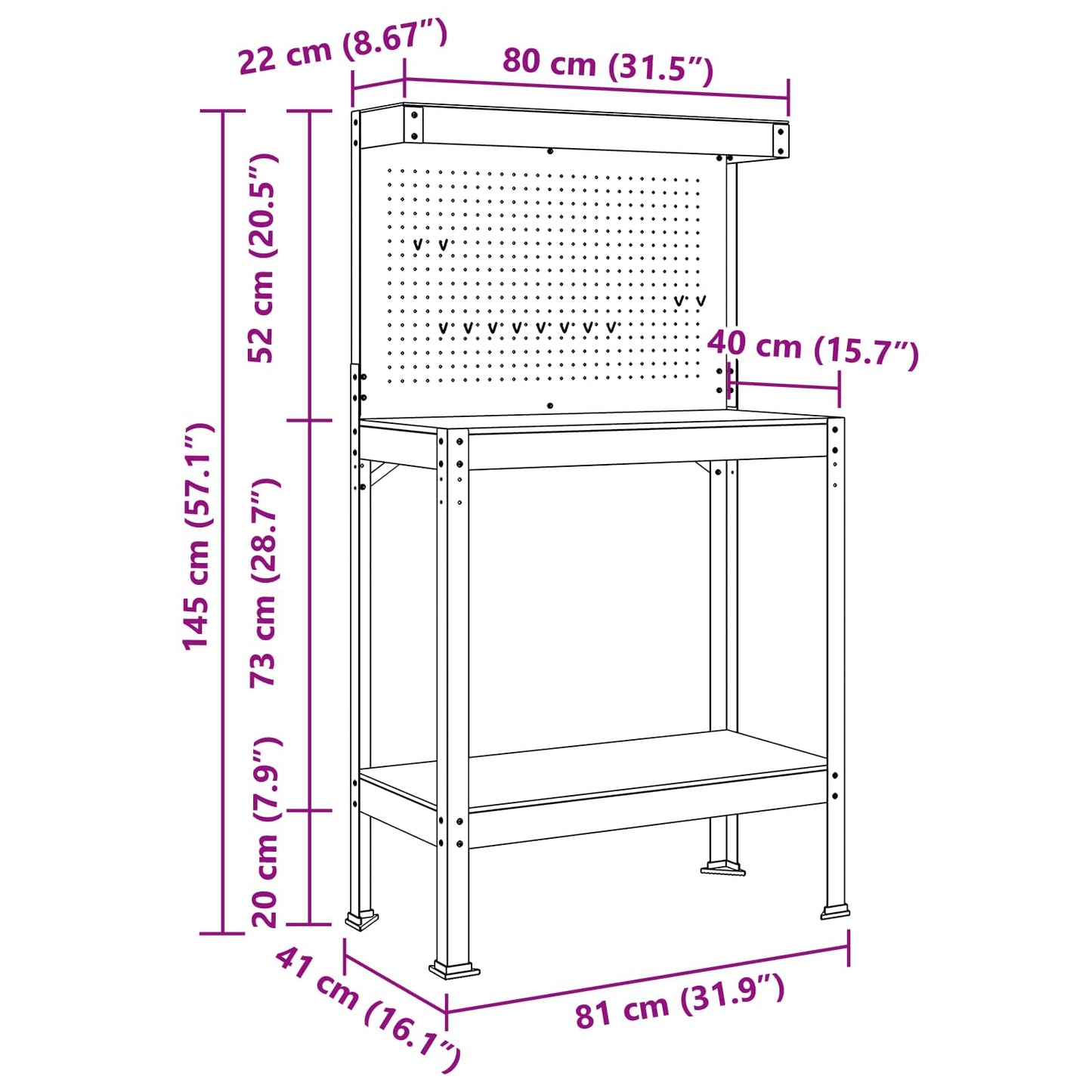 Werkbank Schwarz 81 x 41 x 145 cm Sperrholz und Metall