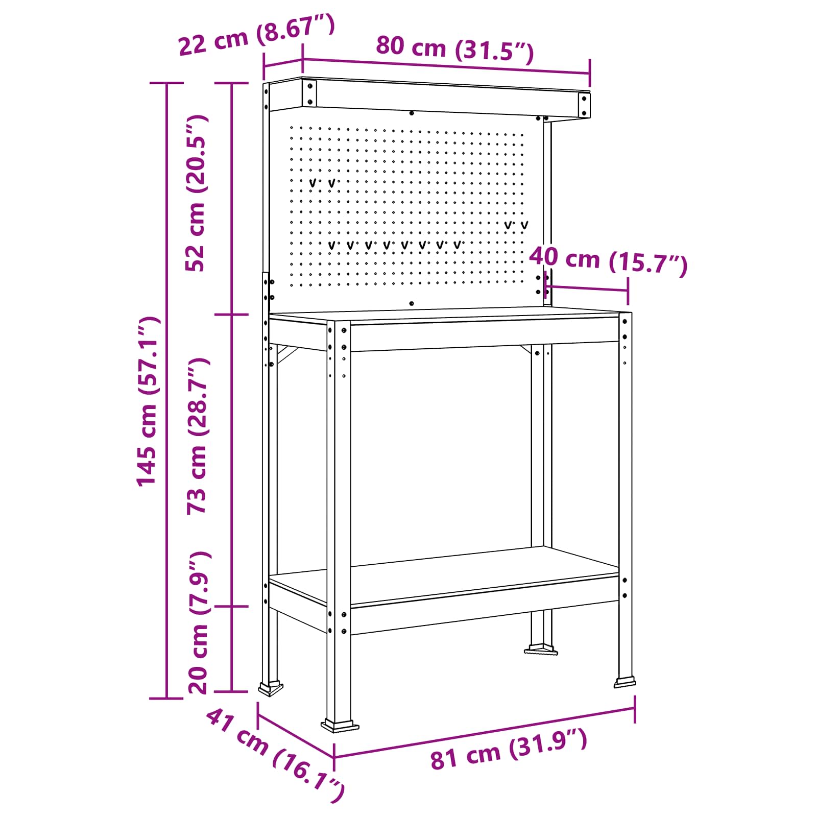 Werkbank Schwarz 81 x 41 x 145 cm Sperrholz und Metall