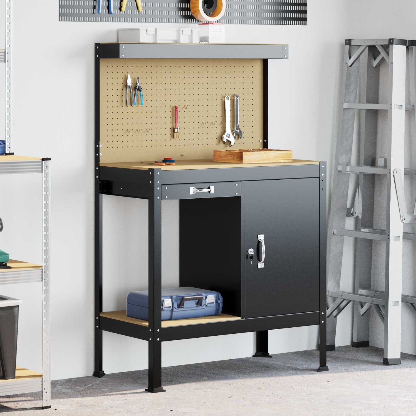 Werkbank Schwarz 90 x 49 x 141 cm Sperrholz und Metall