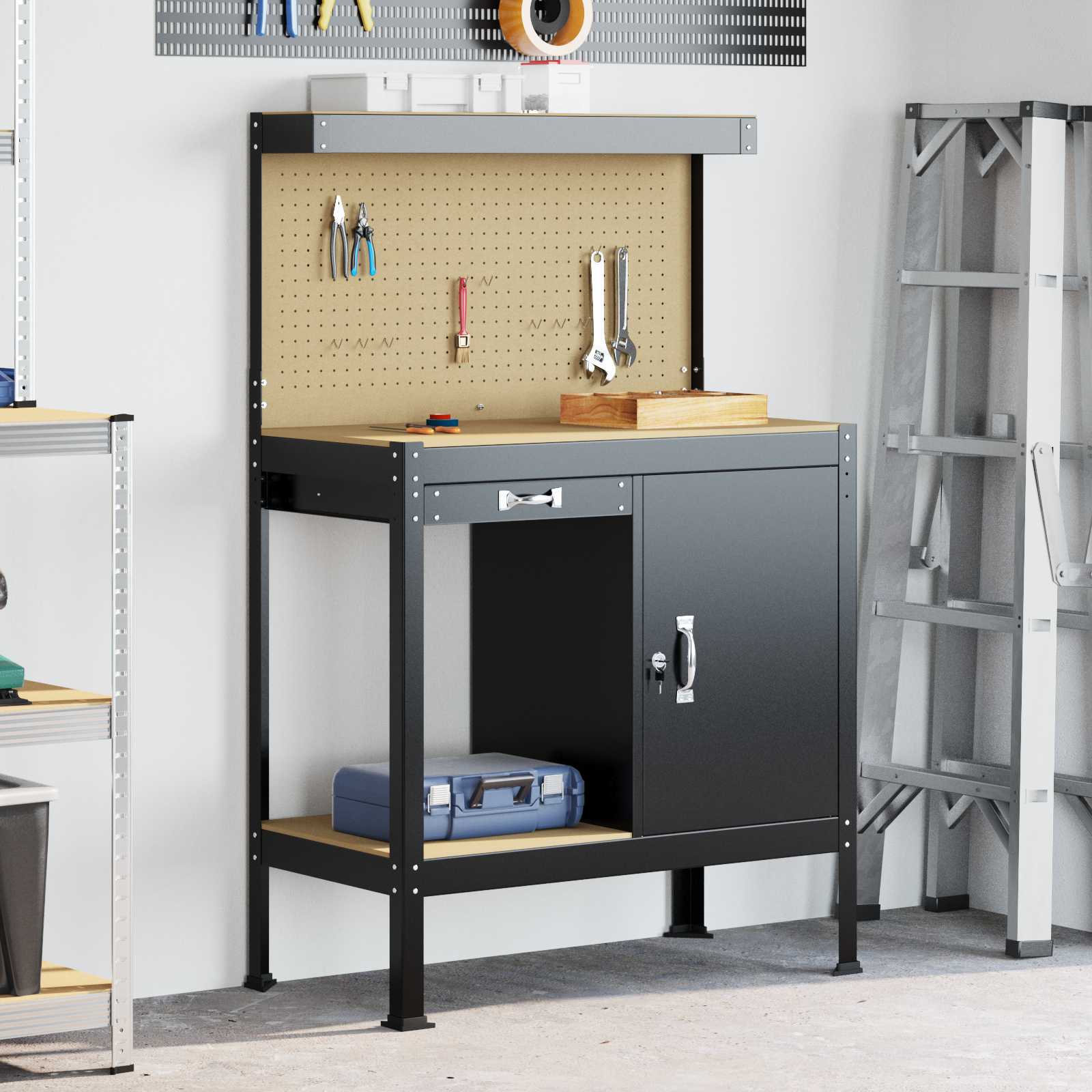 Werkbank Schwarz 90 x 49 x 141 cm Sperrholz und Metall