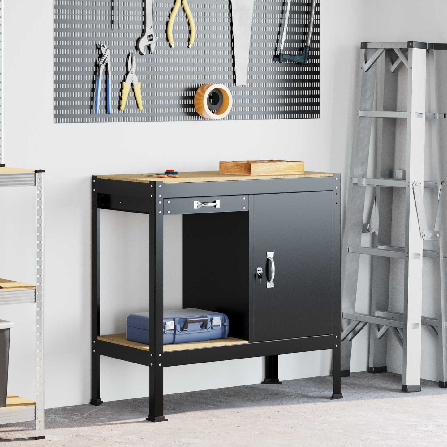 Werkbank mit Regal Schwarz 90 x 49 x 91 cm Sperrholz und Metall