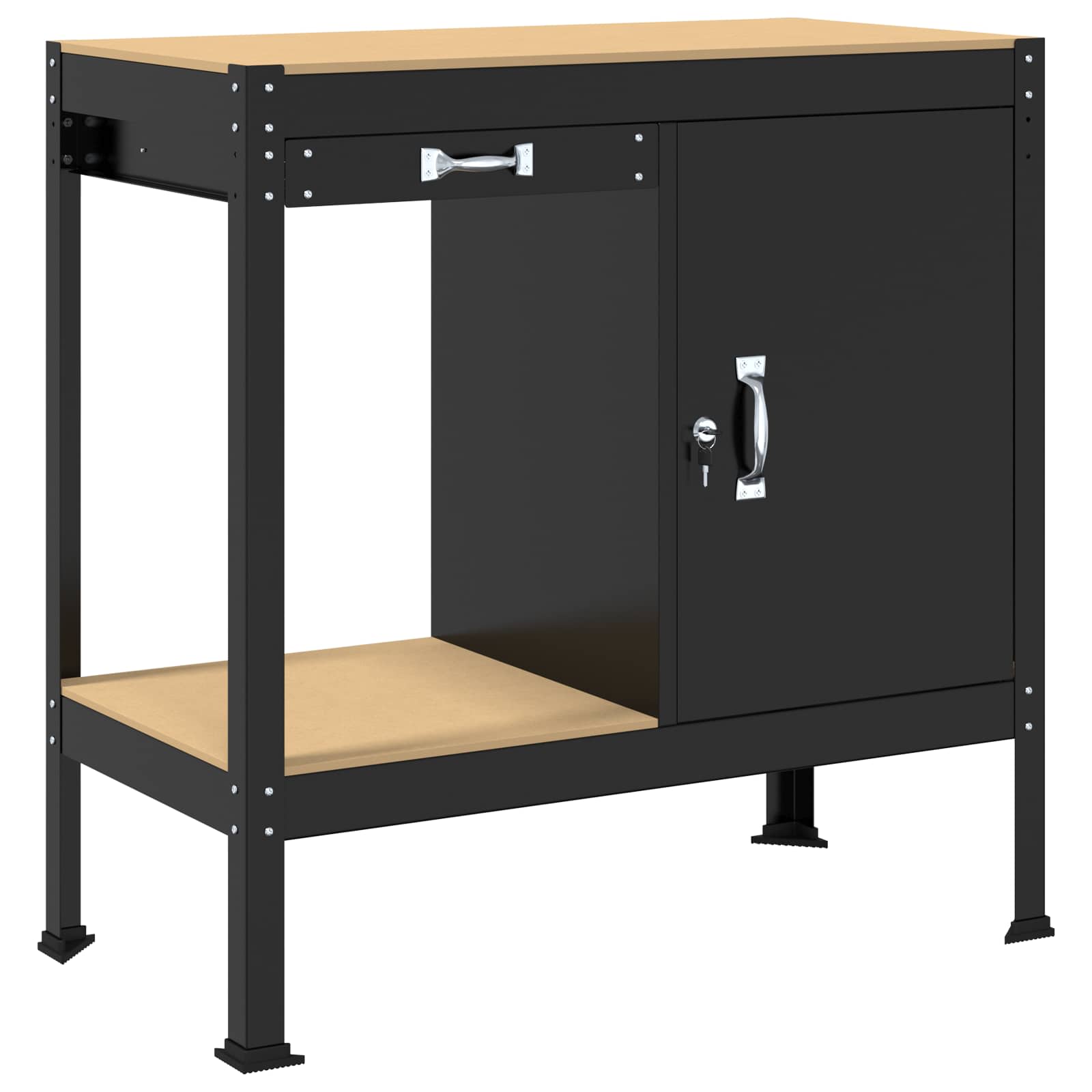 Werkbank mit Regal Schwarz 90 x 49 x 91 cm Sperrholz und Metall