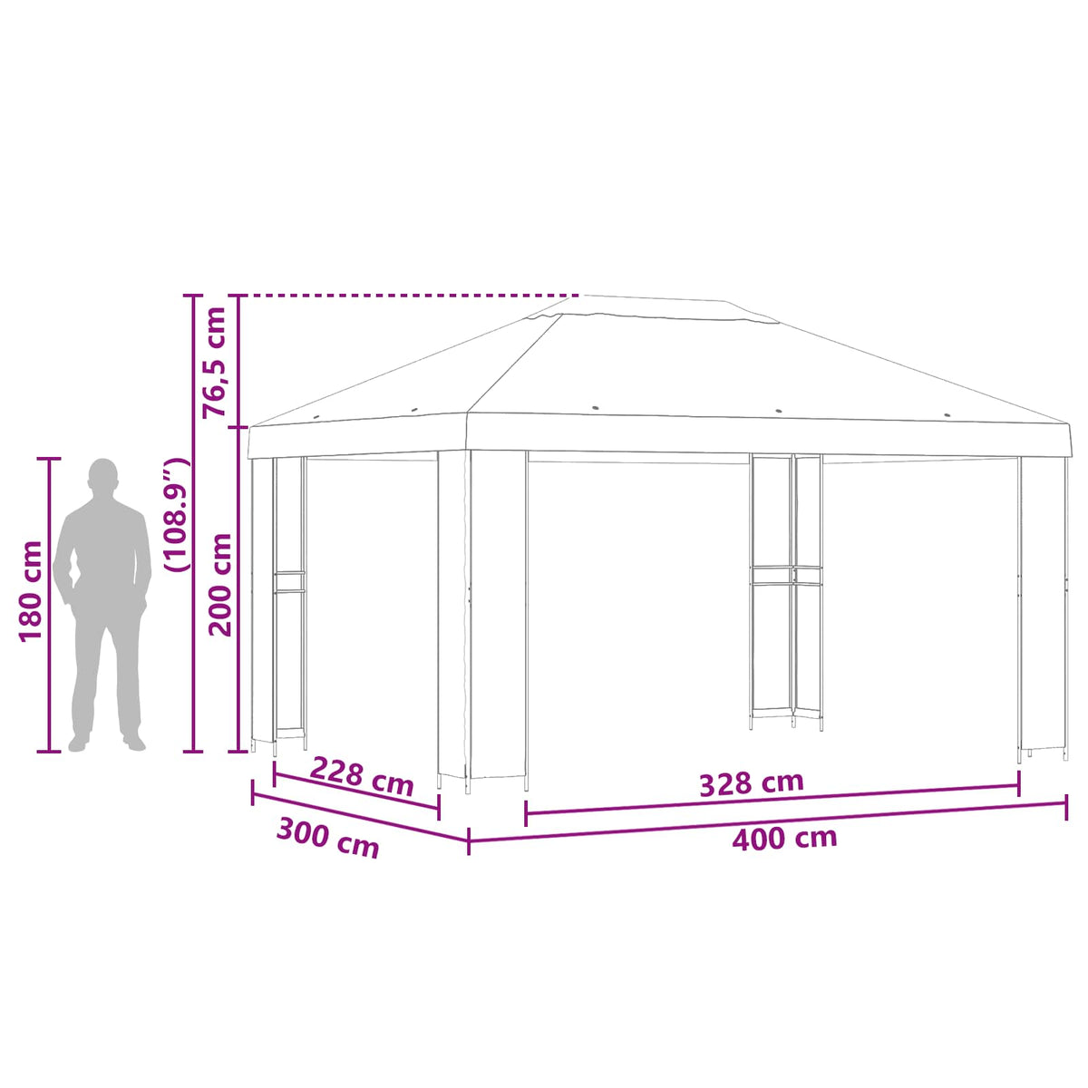 Pavillon 4 x 3 m Schwarz Polyester und Stahl 190 gsm