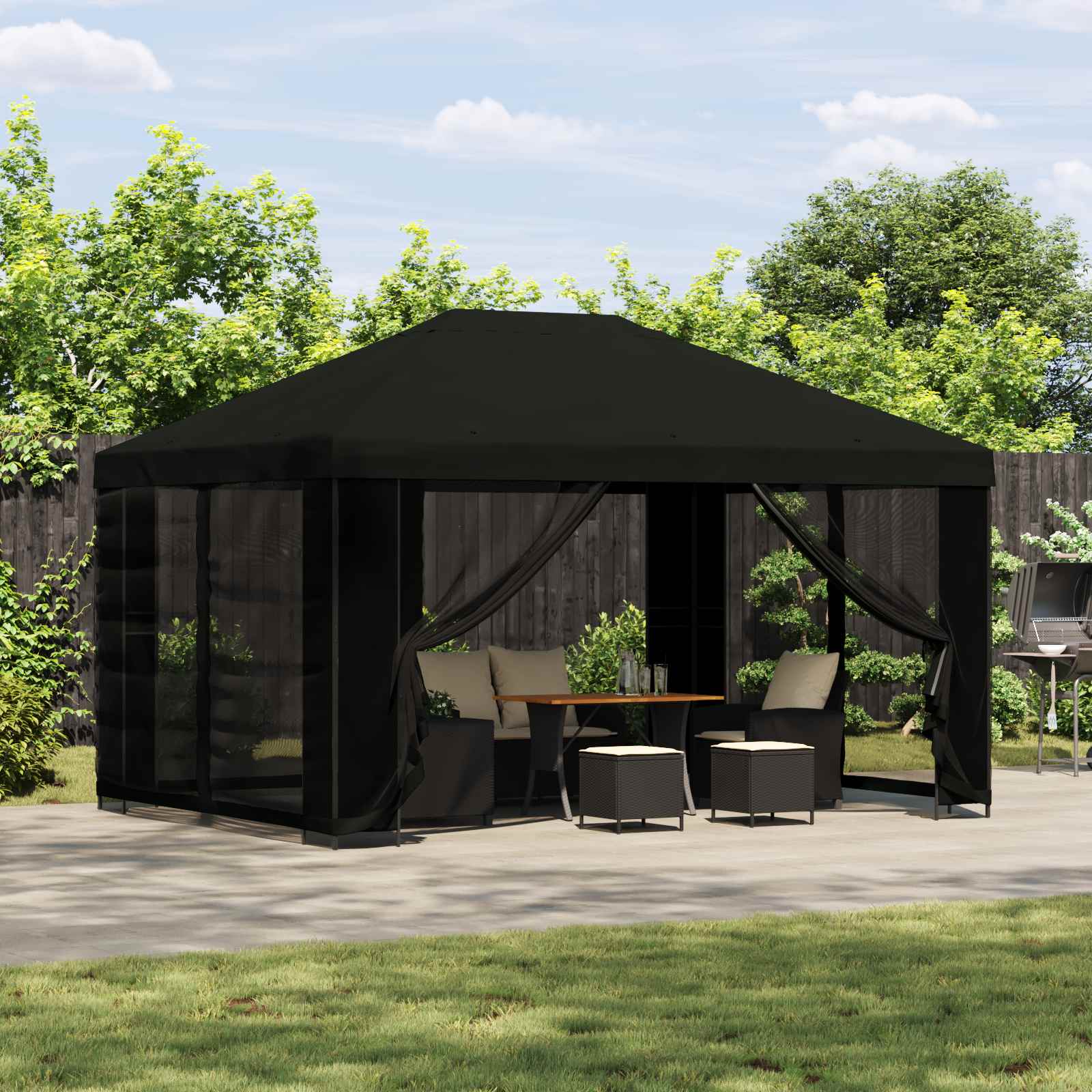 Pavillon mit Seitenwänden 4 x 3 m Schwarz Polyester und Stahl