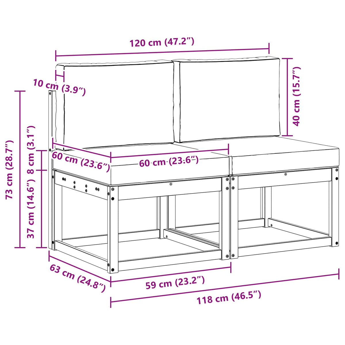 2 Stück Outdoor Mittelsofa Massivholz Akazie Natur
