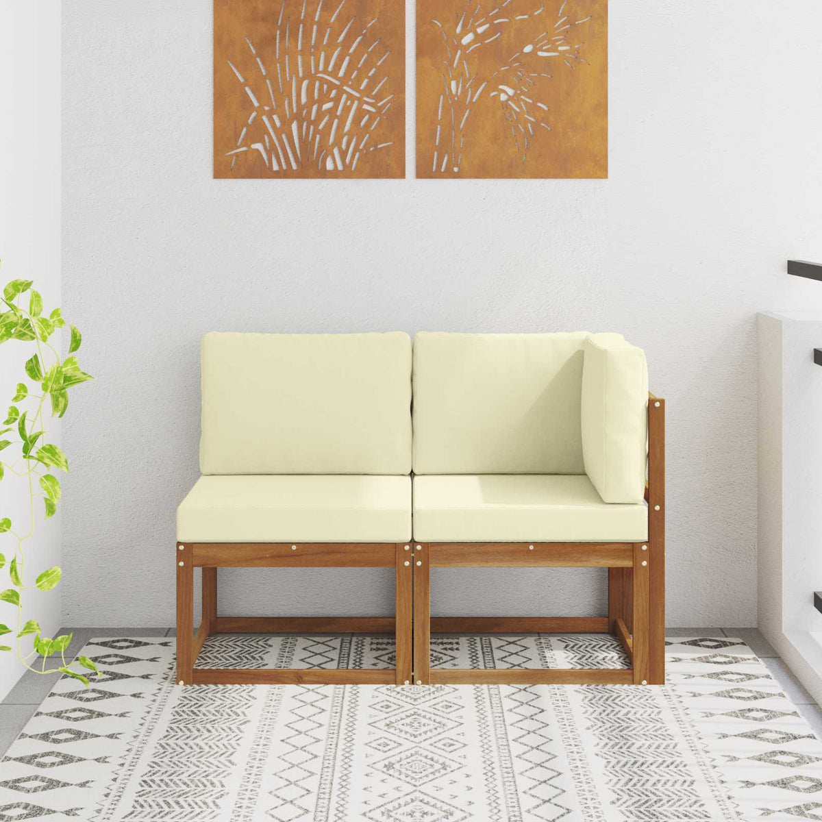 Outdoor Mittel- und Ecksofa mit Kissen 2 Stück Natur und Creme