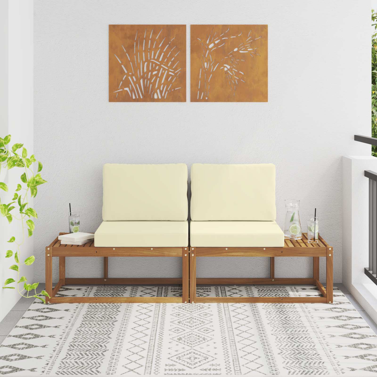 Outdoor End Sofa 2 Stück Natur und Creme Massivholz Akazie