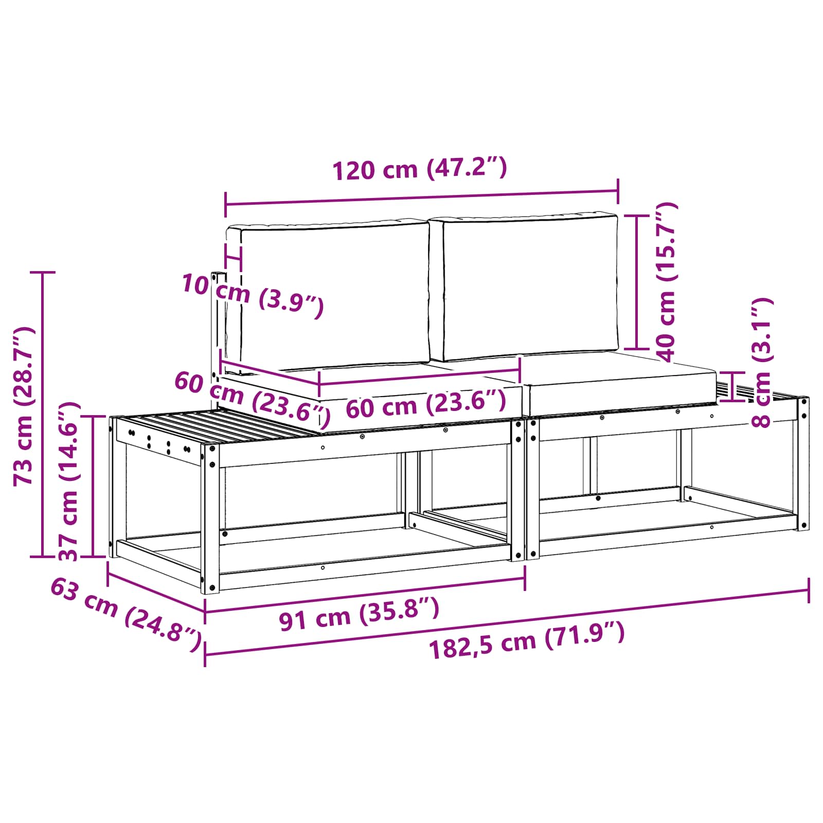 Outdoor End Sofa 2 Stück Natur und Creme Massivholz Akazie