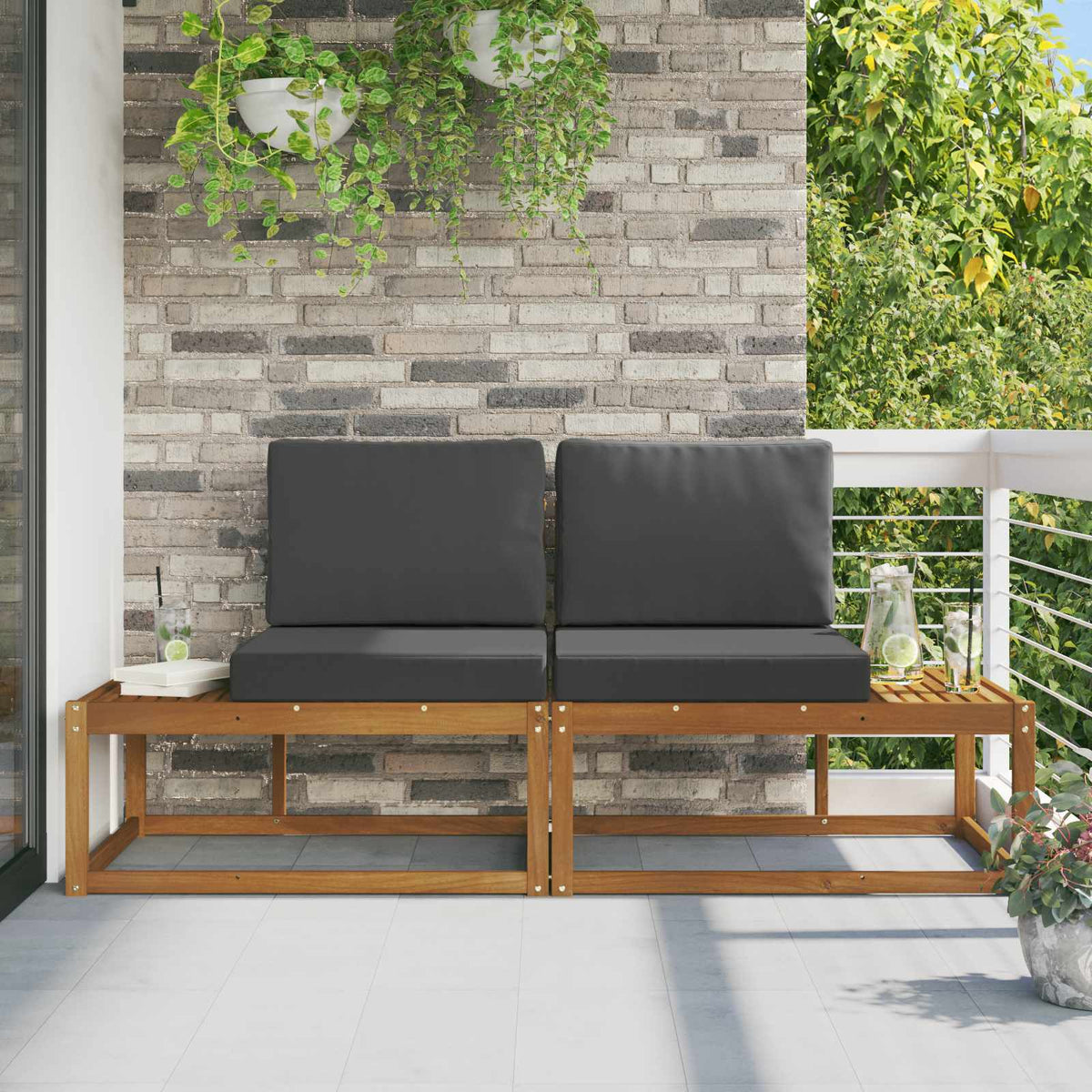 Outdoor End Sofa 2 Stück Natur und Anthrazit Massivholz Akazie