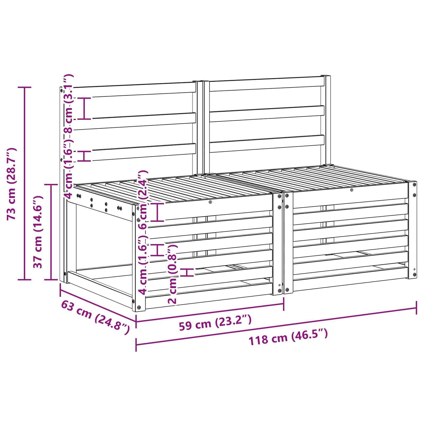 2 Stück Outdoor Mittelsofa Massivholz Akazie Natur