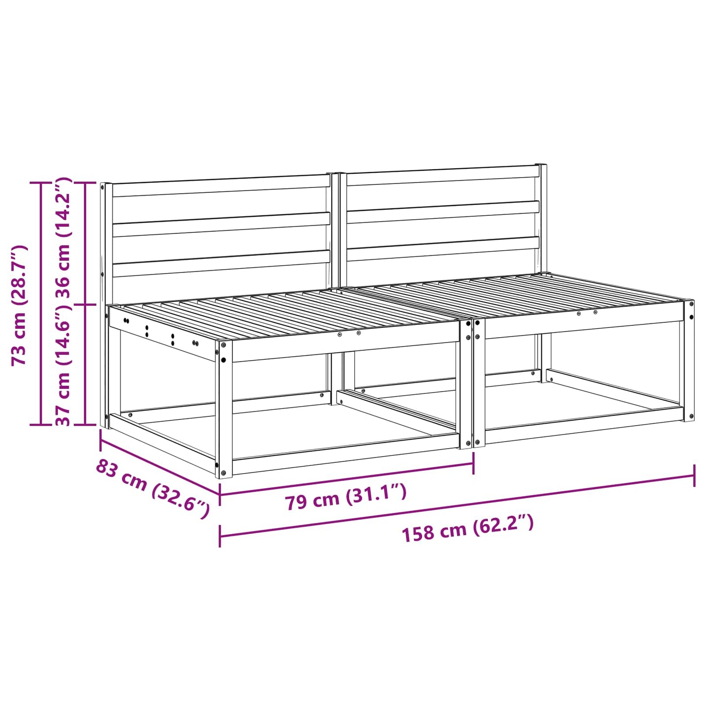2 Stück Outdoor Mittelsofa Natur 158 x 83 x 73 cm
