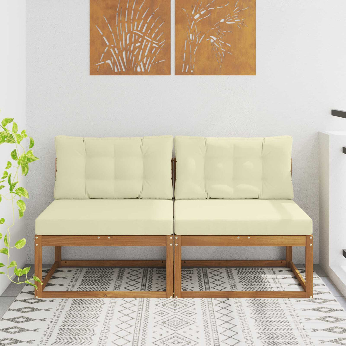 Outdoor Mittelsofa mit Kissen 2 Stück Natur