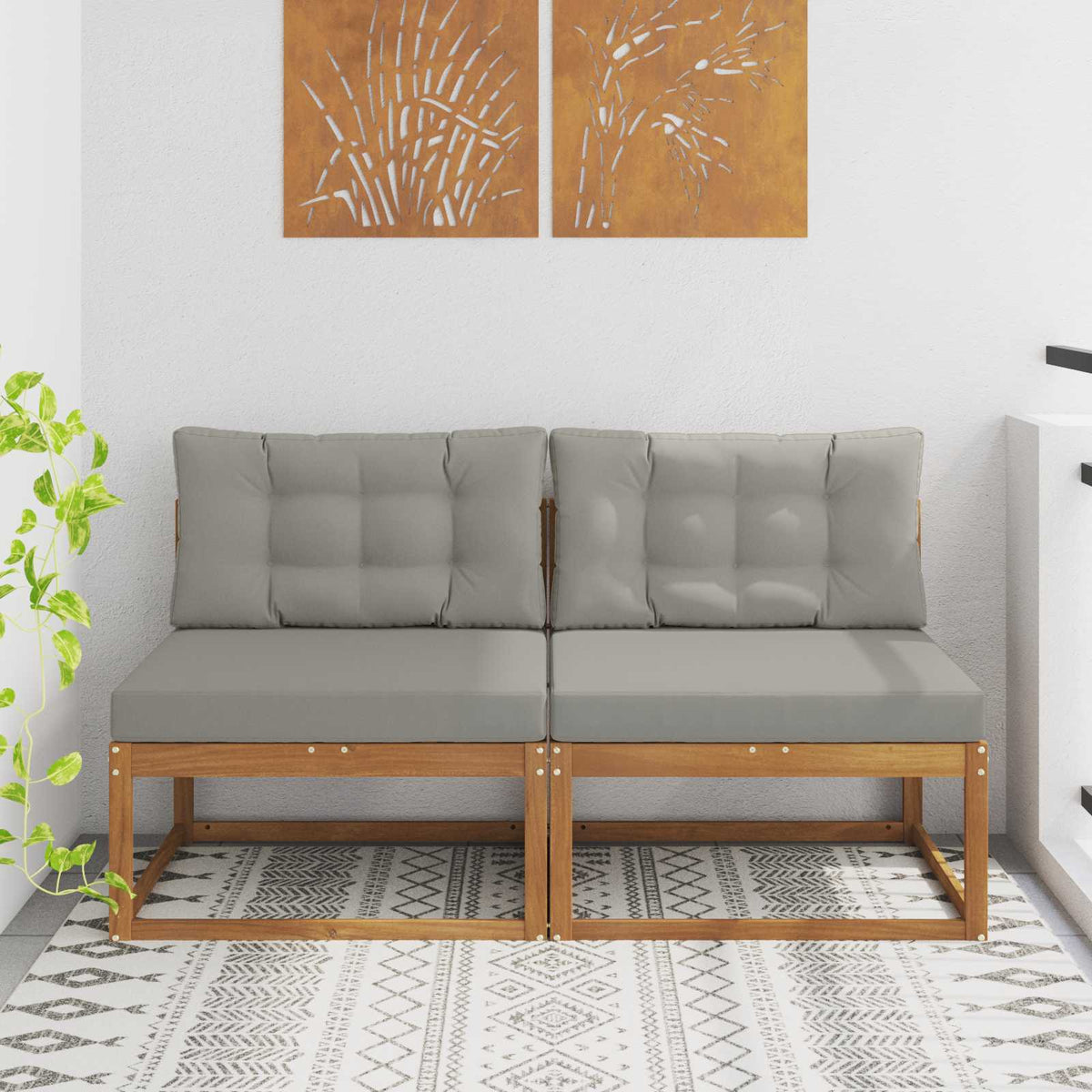 Outdoor Mittelsofa mit Kissen 2 Stück Natur