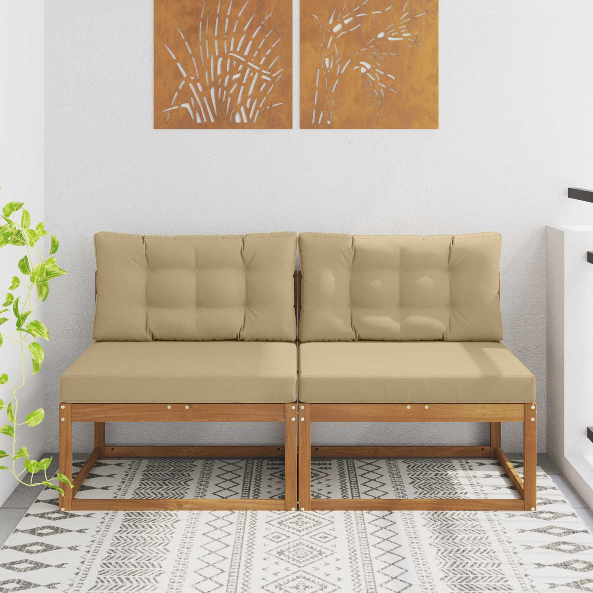 Outdoor Mittelsofa mit Kissen 2 Stück Natur