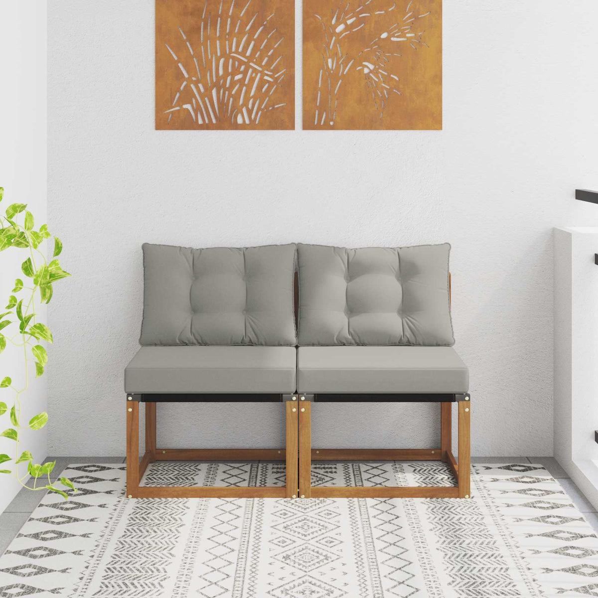 2 Stk. Outdoor Mittelsofa Massivholz Akazie und Textilene Stoff