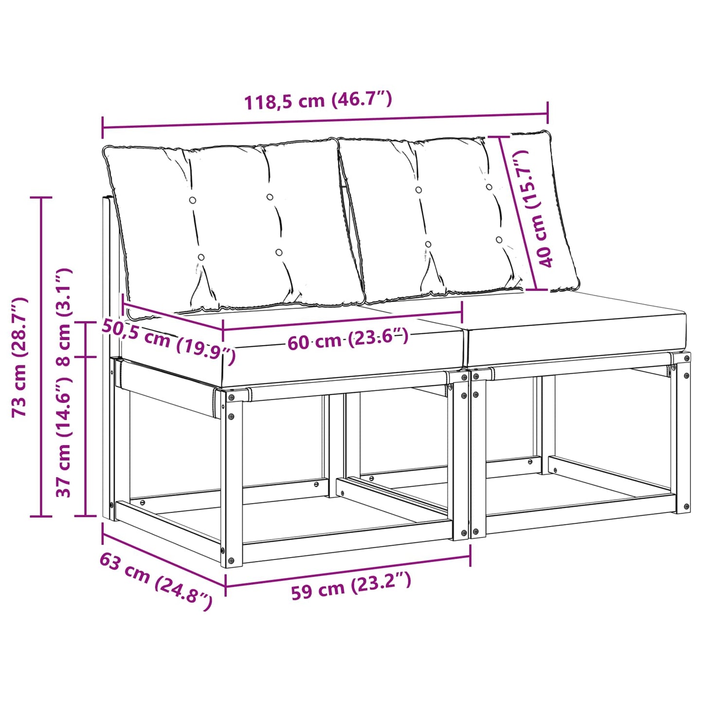 2 Stk. Outdoor Mittelsofa Massivholz Akazie und Textilene Stoff