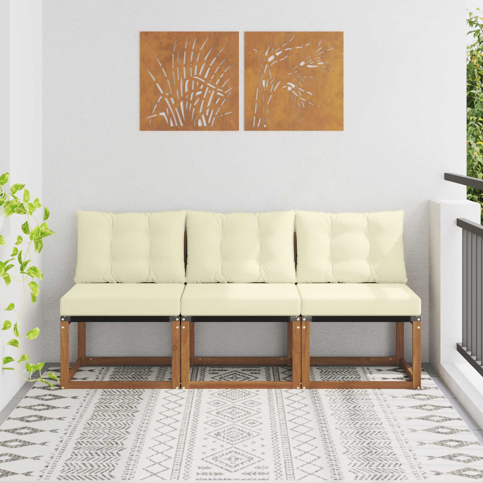 3 Stk. Outdoor Mittelsofa Massivholz Akazie und Textilene Stoff