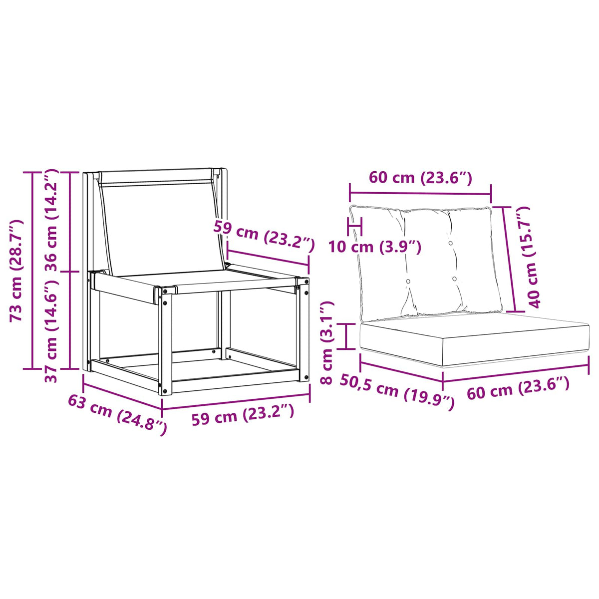 3 Stk. Outdoor Mittelsofa Massivholz Akazie und Textilene Stoff