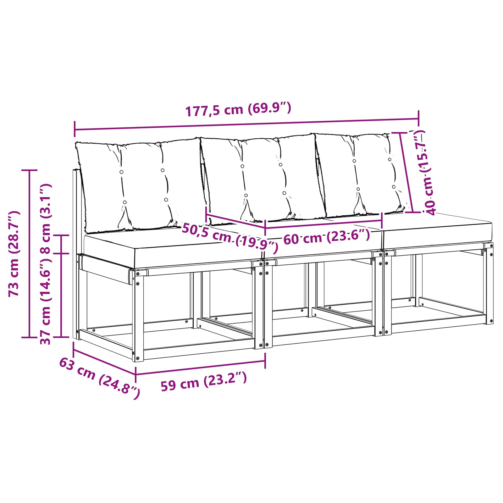 3 Stk. Outdoor Mittelsofa Massivholz Akazie und Textilene Stoff