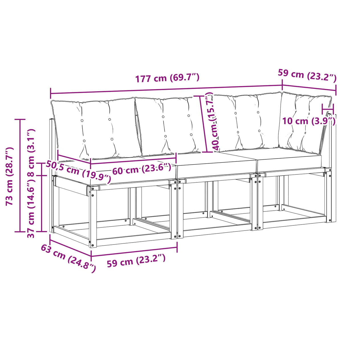3 Stk. Outdoor Mittel- und Ecksofa Natur