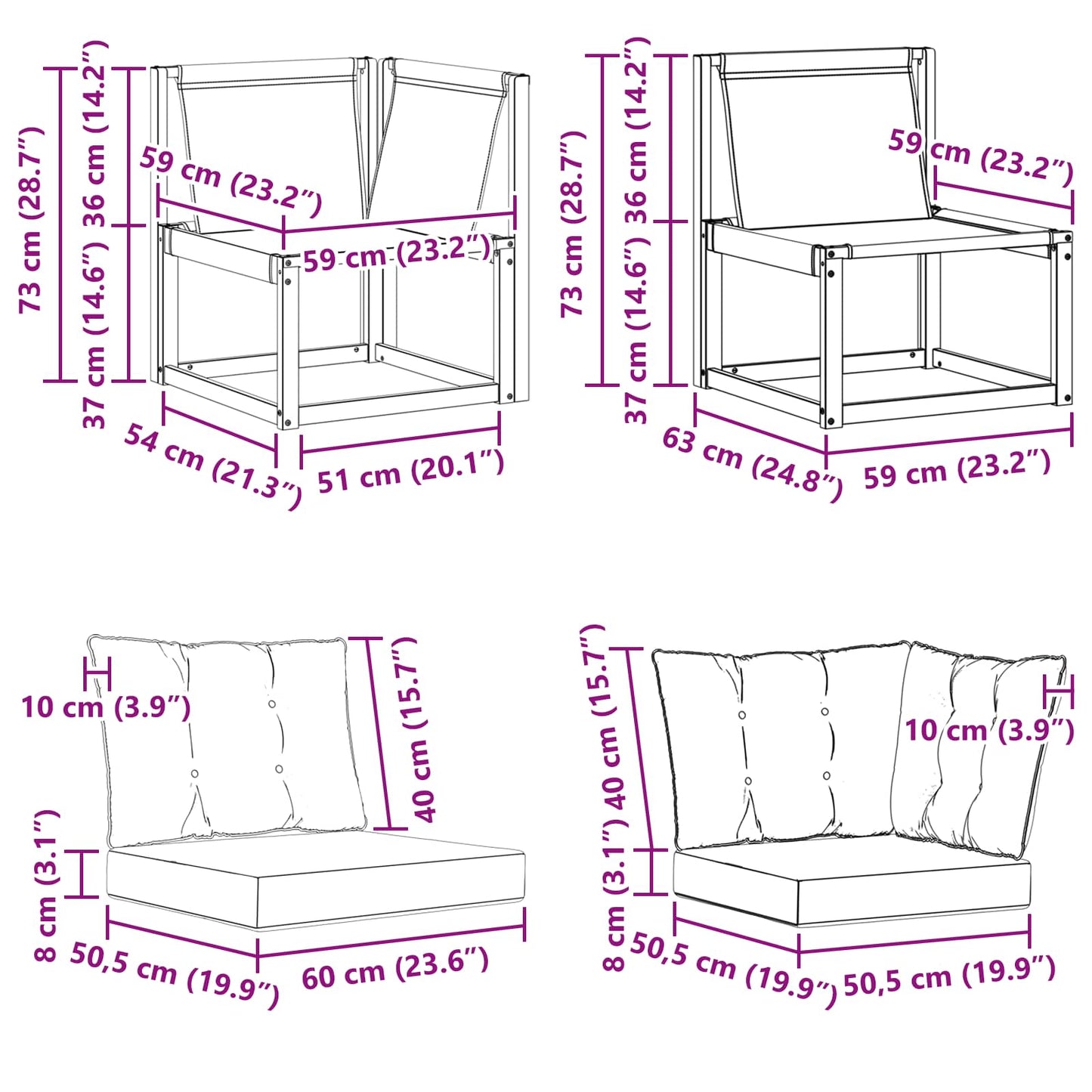 3 Stk. Outdoor Mittel- und Ecksofa Natur