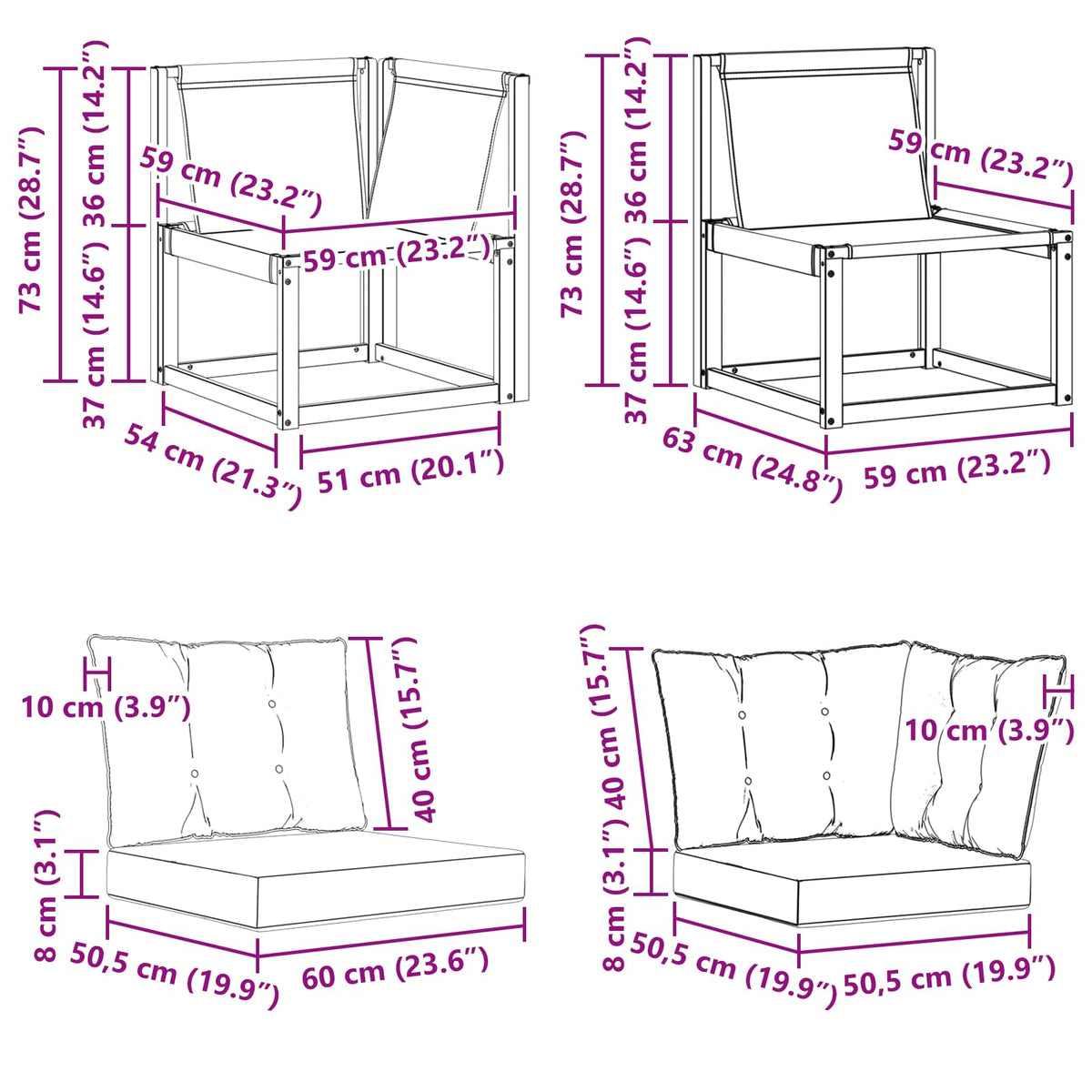 3 Stk. Outdoor Mittel- und Ecksofa Natur