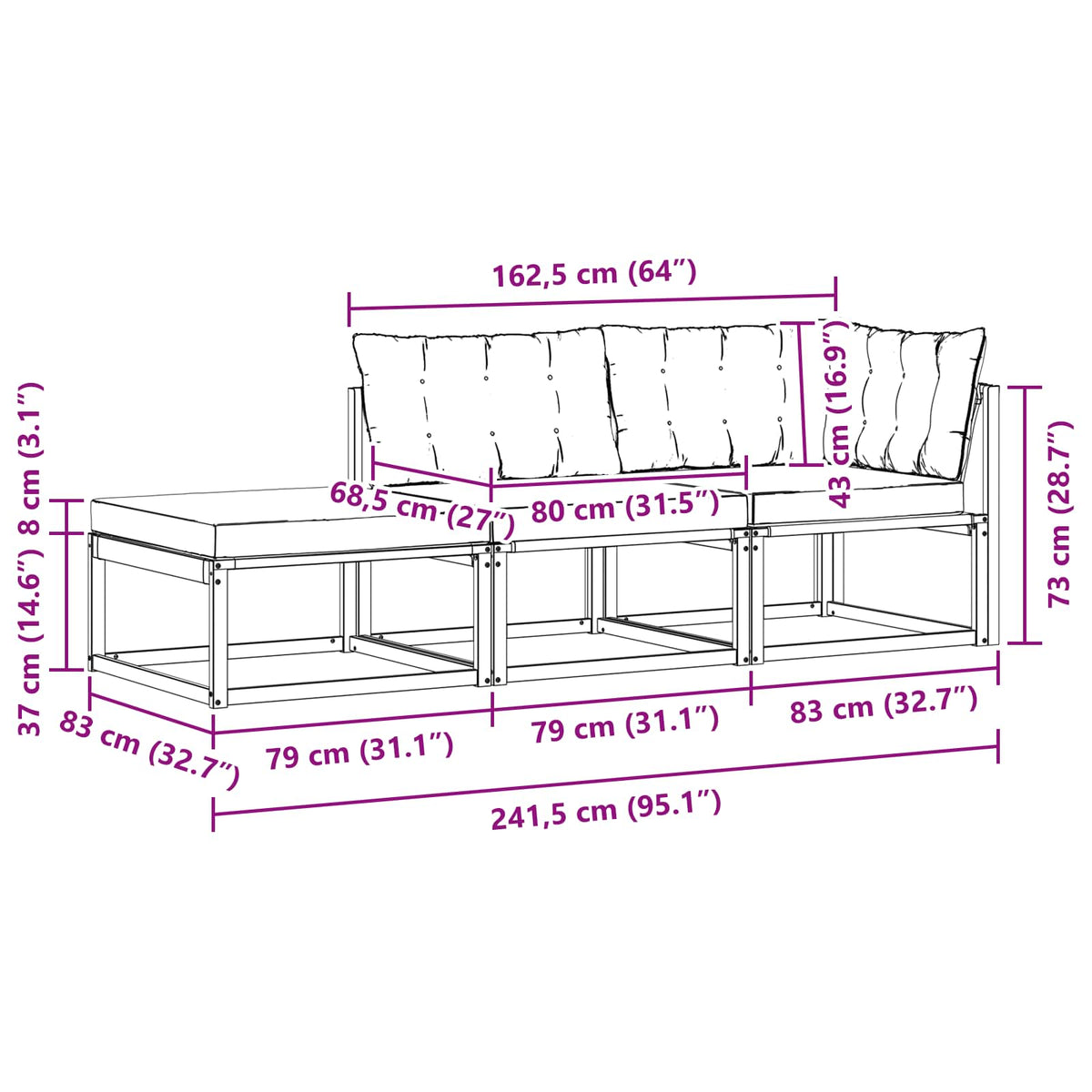 3 Stk. Ecksofa-Einheiten für draußen Massivholz Akazie Natur