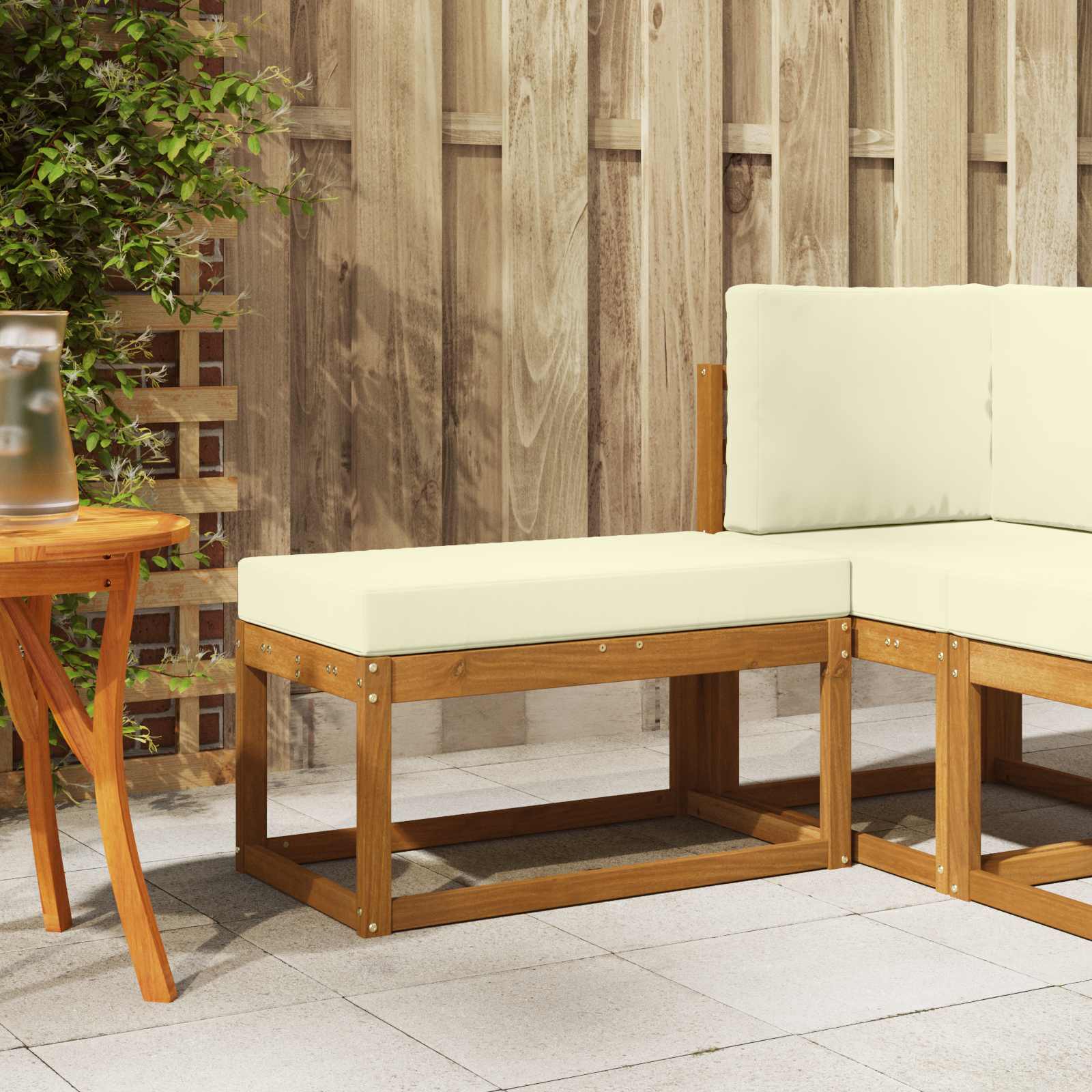 Outdoor Hockerbank Massivholz Akazie Natur und Creme