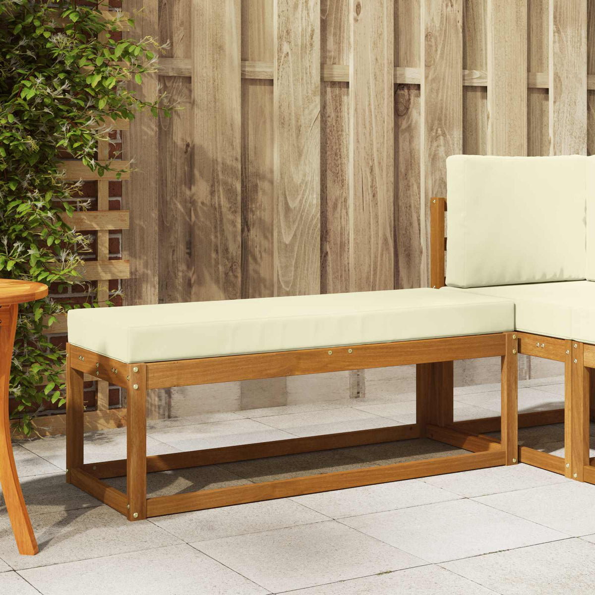 Outdoor Hockerbank Massivholz Akazie Natur und Creme
