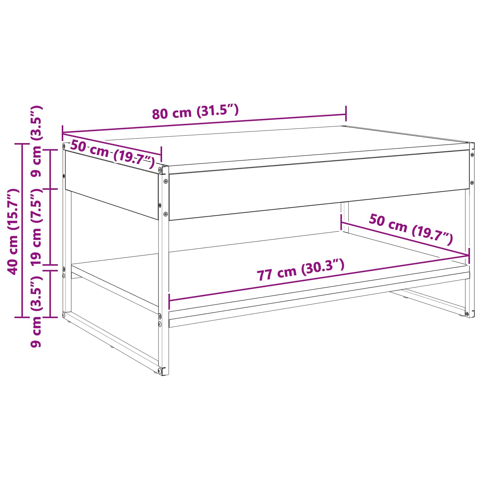 Couchtisch Schwarz Eichen-Optik 80 x 50 x 40 cm Holzwerkstoff